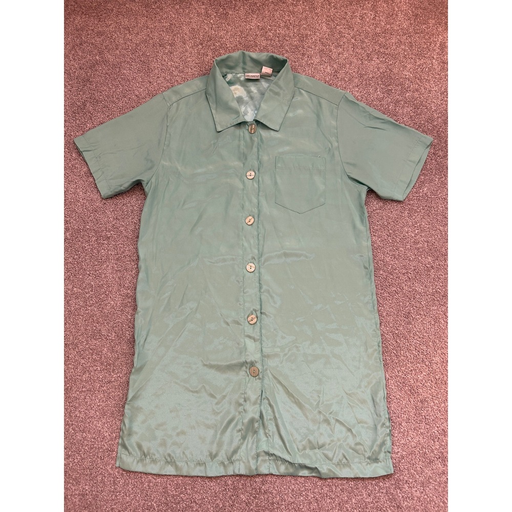 Delicates Button Down Sleep Shirt Womens Small Green Satin Short Sleeve Exc